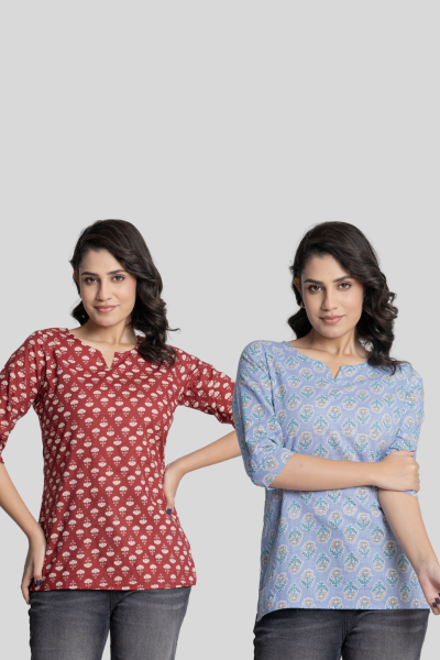 Red and Blue Cotton Short Kurti Combo