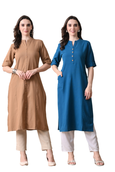 Brown And Yale Blue Cotton Long Kurti