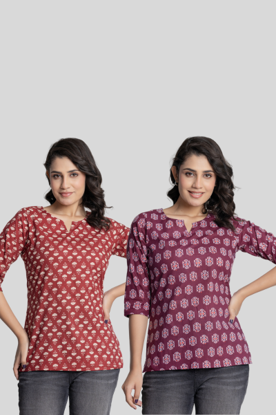 Red and Wine Cotton Short Kurti Combo