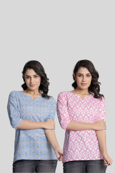 Blue and Pink Cotton Short Kurti