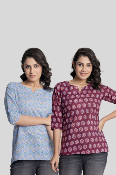 Blue and Wine Cotton Short Kurti Combo