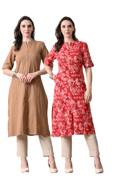 Brown and Red Floral Cotton Long Kurti