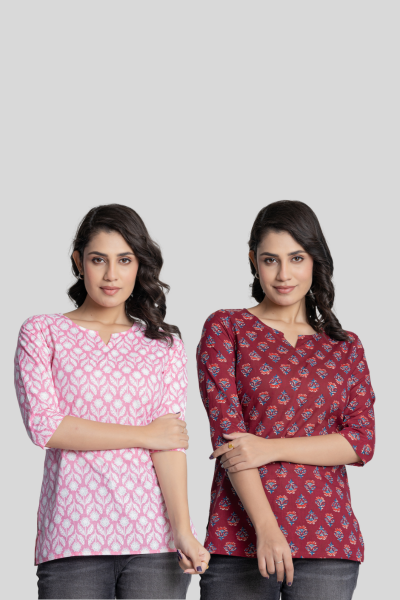 Pink and Maroon Cotton Short Kurti Combo