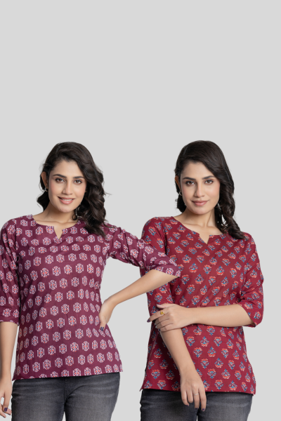 Wine and Maroon Cotton Short Kurti Combo