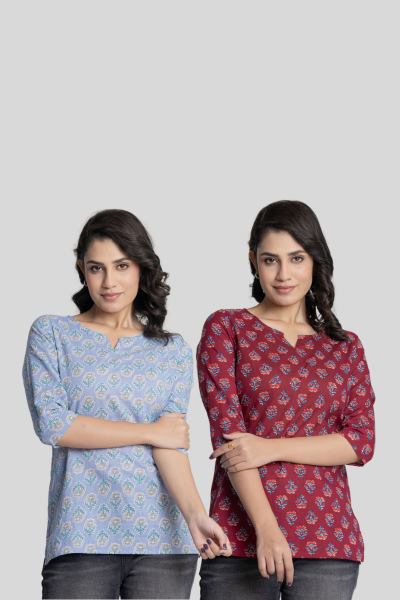 Maroon and Blue Cotton Short Kurti Combo