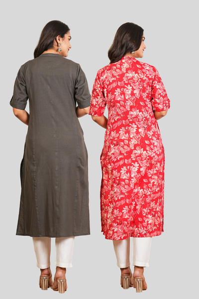 Grey and Red Floral Cotton Long Kurti