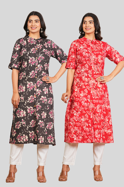 Black Katha and Red Floral Cotton Long Kurti