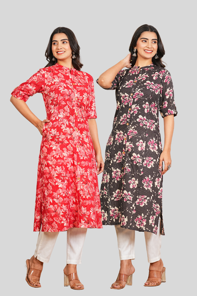 Black Katha and Red Floral Cotton Long Kurti