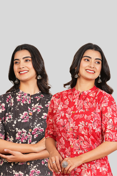 Black Katha and Red Floral Cotton Long Kurti