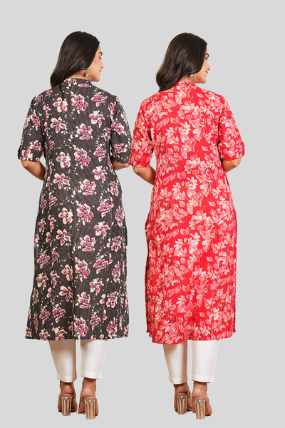 Black Katha and Red Floral Cotton Long Kurti
