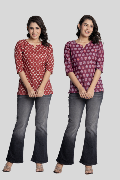 Red and Wine Cotton Short Kurti Combo