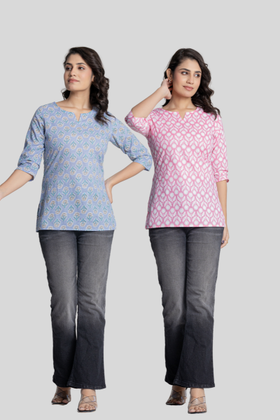 Blue and Pink Cotton Short Kurti