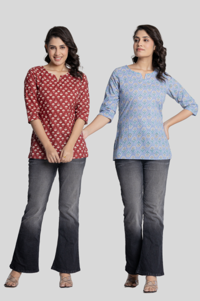Red and Blue Cotton Short Kurti Combo