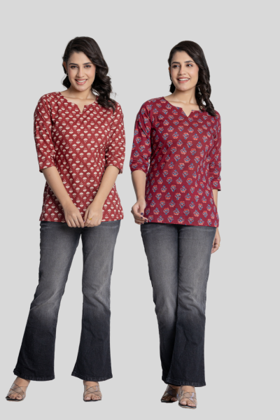 Red and Maroon Cotton Short Kurti Combo
