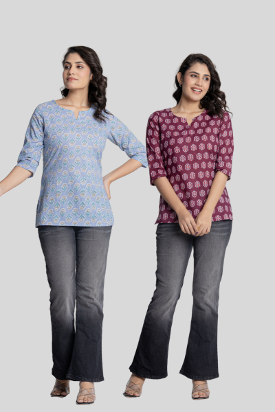 Blue and Wine Cotton Short Kurti Combo