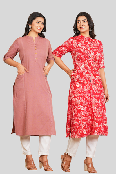 Rose Gold And Red Floral Cotton Long Kurti