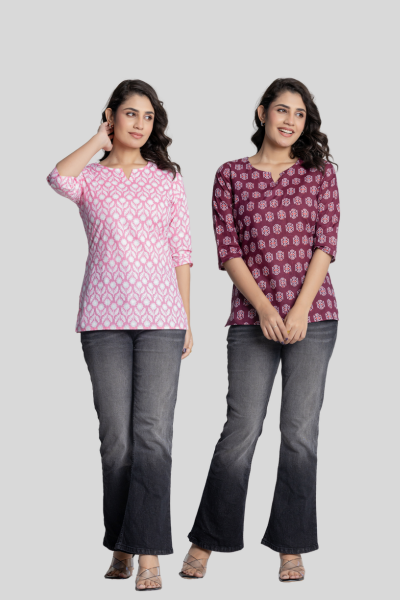Pink and Wine Cotton Short Kurti Combo