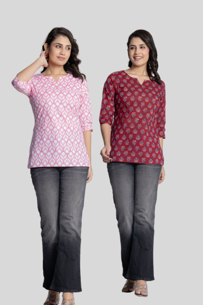 Pink and Maroon Cotton Short Kurti Combo