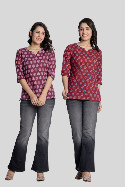 Wine and Maroon Cotton Short Kurti Combo