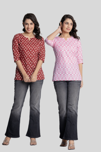 Red and Pink Cotton Short Kurti Combo