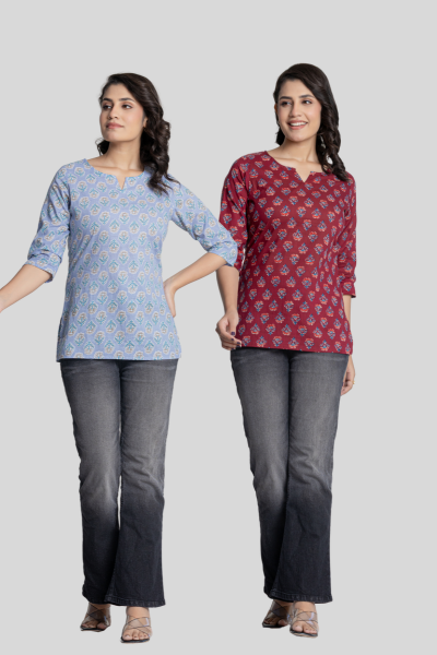 Maroon and Blue Cotton Short Kurti Combo