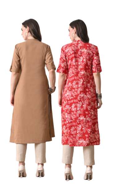 Brown and Red Floral Cotton Long Kurti