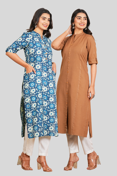 Brown and Blue Floral Cotton Long Kurti