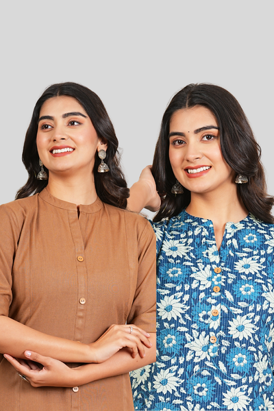 Brown and Blue Floral Cotton Long Kurti