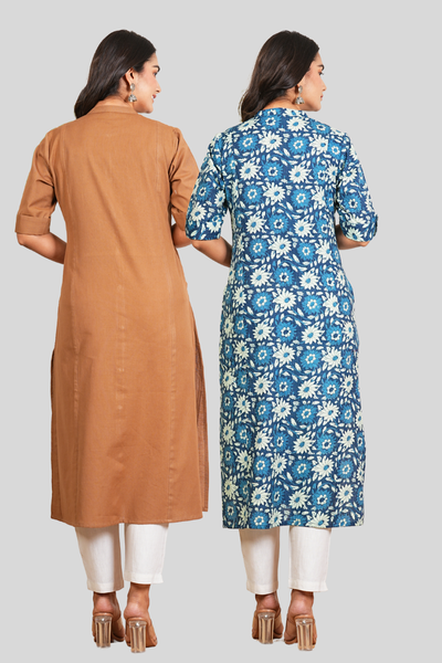 Brown and Blue Floral Cotton Long Kurti