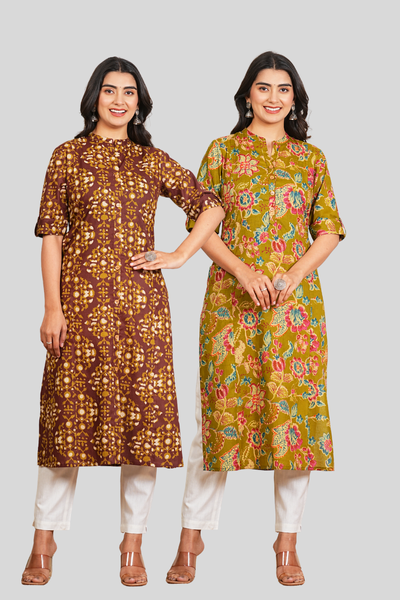Brown Floral and Green Floral Cotton Long Kurti