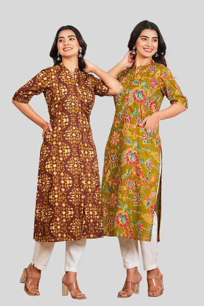 Brown Floral and Green Floral Cotton Long Kurti