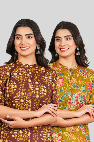 Brown Floral and Green Floral Cotton Long Kurti