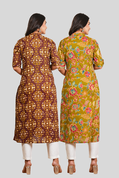 Brown Floral and Green Floral Cotton Long Kurti