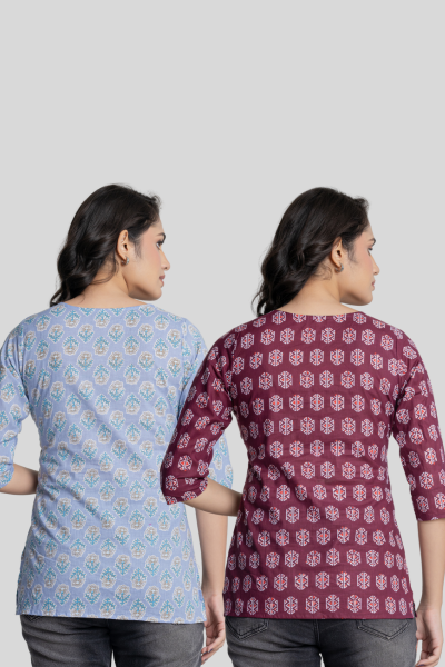 Blue and Wine Cotton Short Kurti Combo