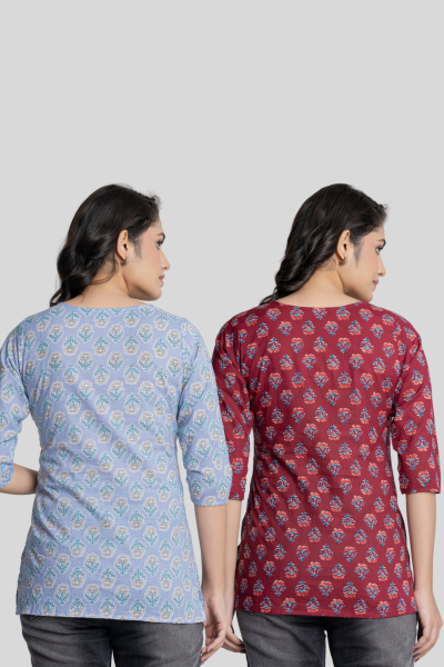 Maroon and Blue Cotton Short Kurti Combo