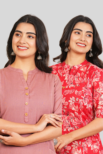 Rose Gold And Red Floral Cotton Long Kurti