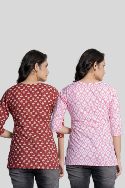 Red and Pink Cotton Short Kurti Combo