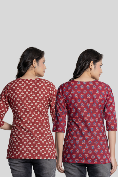 Red and Maroon Cotton Short Kurti Combo