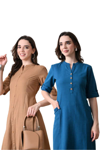 Brown And Yale Blue Cotton Long Kurti
