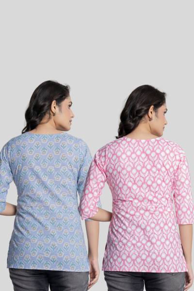Blue and Pink Cotton Short Kurti