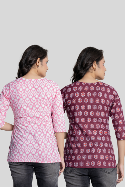 Pink and Wine Cotton Short Kurti Combo