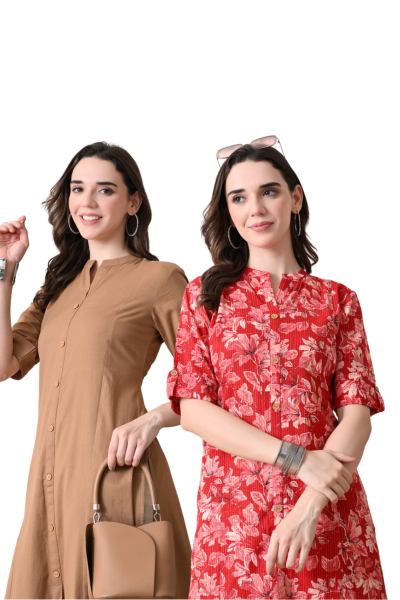 Brown and Red Floral Cotton Long Kurti