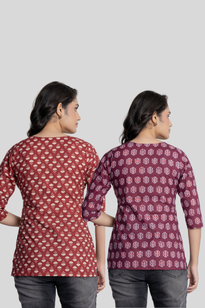 Red and Wine Cotton Short Kurti Combo