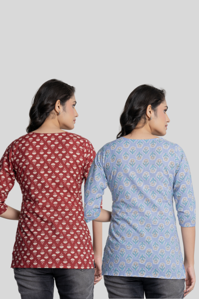 Red and Blue Cotton Short Kurti Combo