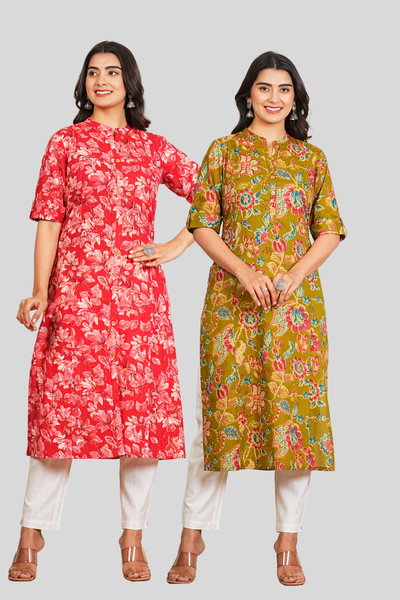 Red Floral and Green Floral Cotton Long Kurti