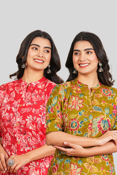Red Floral and Green Floral Cotton Long Kurti