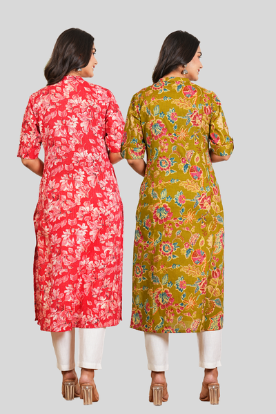Red Floral and Green Floral Cotton Long Kurti