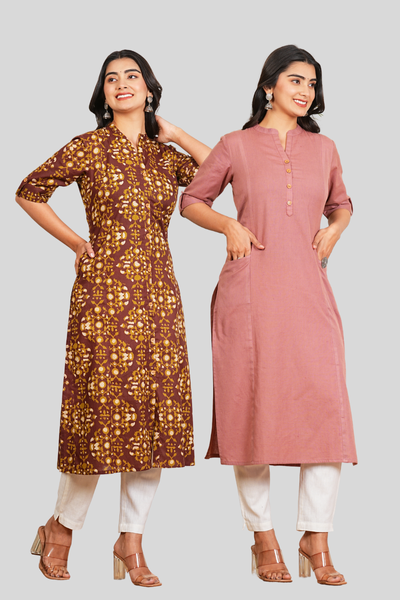 Brown Floral and Rose Gold Cotton Long Kurti