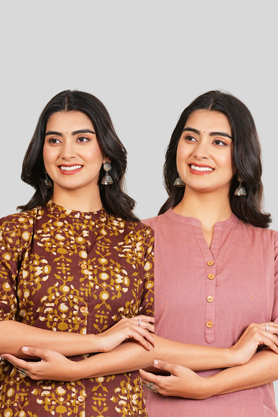 Brown Floral and Rose Gold Cotton Long Kurti