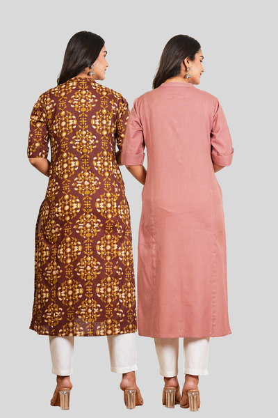 Brown Floral and Rose Gold Cotton Long Kurti